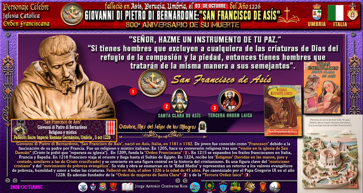 JAContrerasRios's tweet photo. 🇮🇹✝️😇El 03 de octubre de 1226, falleció SanFrancisco de Asís, santo fundador de la orden franciscana.📌 #Asis #SanFranciscoDeAsís #OrdenFranciscana #OrdenDeSantaClara #TerceraOrdenLaica https://t.co/b3ElREUMSM