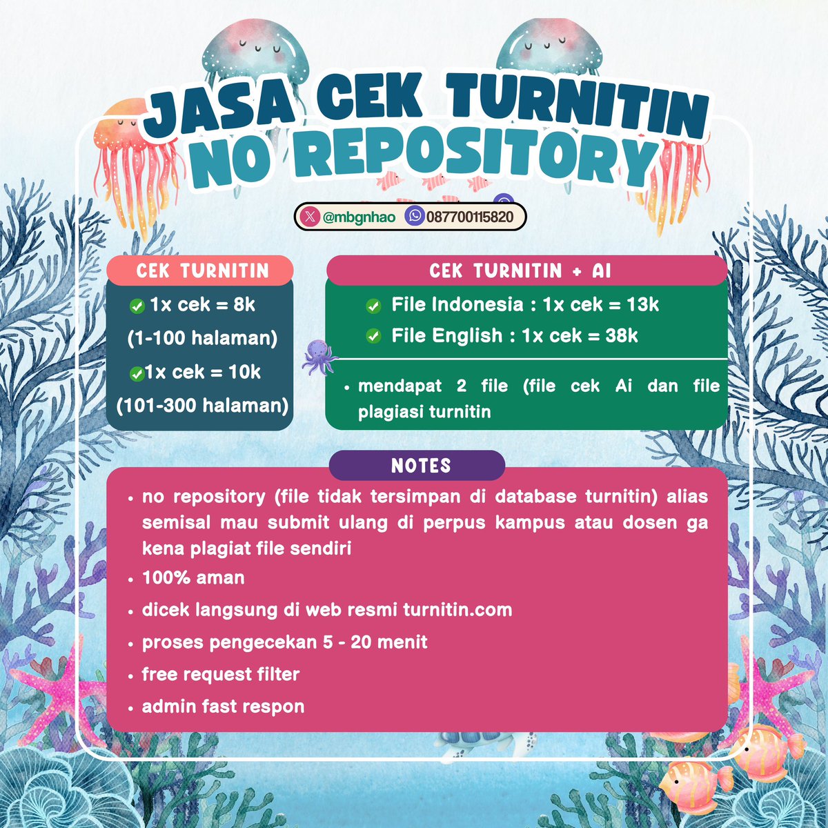 mbnghao's tweet photo. It’s saturday! Aku open jasa cek turnitin 🧃

▫️ Cek turnitin 
▫️ Cek Ai via Turnitin &amp; GPTzero
▫️ Akun GPTzero (7 hari)

Sudah di sett — no repository 1OO% jadi aman untuk tugas jurnal artikel skripsi kamu, ga kena self plagiarism ya! #zonauang

🍵 = https://t.co/rNQ6PJUdTr https://t.co/10DHviPaO6