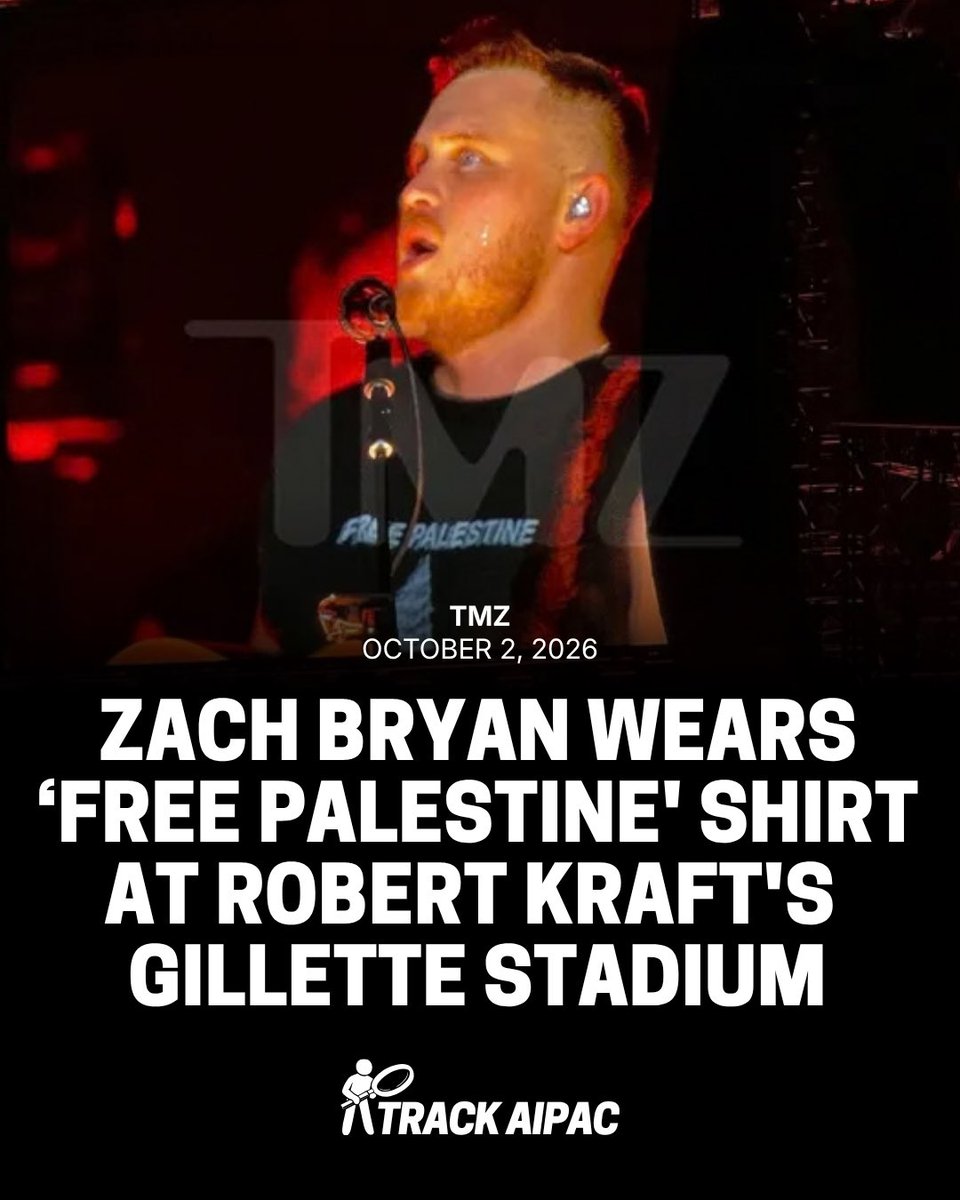 TrackAIPAC's tweet photo. Zach Bryan Wears 'Free Palestine' Shirt at Robert Kraft's Gillette Stadium https://t.co/sWFfKlCdyb