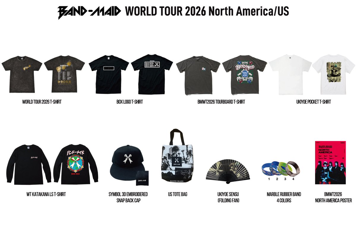 bandmaid's tweet photo. [WORLD TOUR]
"BAND-MAID WORLD TOUR 2026 NORTH AMERICA / US"
NEW MERCH LINEUP
https://t.co/PDVQkD59bR

#bandmaid https://t.co/N9ibwNUjwC