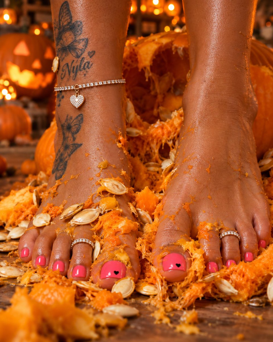 NylaRayeok's tweet photo. Pumpkin guts, pink toes, and zero regrets 🎃💗
 Would you step in it or absolutely not? 👀
#NylaRae #HalloweenVibes #PrettyFeet #SpookySeason #FootContent https://t.co/vhbL3AaLxs