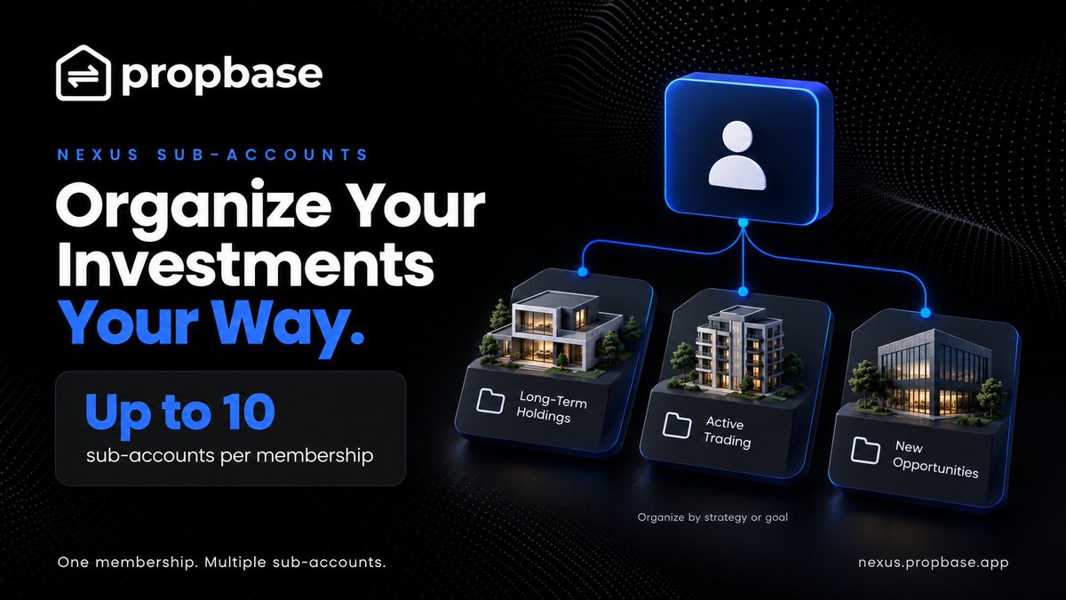 PropbaseApp's tweet photo. 🏢 Organize Your Investments Your Way.

Different investment goals deserve a clear view of where your holdings belong.

With sub-accounts on Propbase Nexus, you can organize your portfolio across up to 10 sub-accounts within your membership, giving each a distinct purpose.

🔹 Separate your investment strategies
Keep holdings intended for long-term ownership separate from those you actively buy and sell.

🔹 Group investments around your goals
Create a dedicated space for each investment objective, making your portfolio easier to navigate.

🔹 Bring structure to a growing portfolio
As you add property tokens, use sub-accounts to keep your holdings organized instead of grouping every investment together.

For example, you could use one sub-account for your long-term holdings and another for exploring additional property opportunities.

One membership. Multiple sub-accounts. A portfolio organized around you.

Explore Propbase Nexus: https://t.co/GS8QmHJAhV

#Propbase #PropbaseNexus #TokenizedRealEstate #RWA
