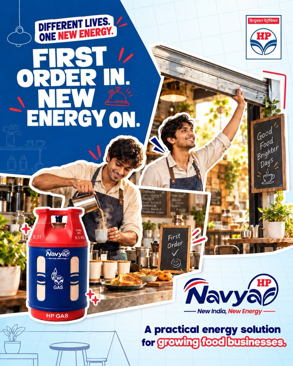 KolkataLpgro's tweet photo. 🍽️ First order in. New Energy on. ⚡
From the first cup served to the last order of the day, growing food businesses need energy that keeps pace with their ambition.
HP Navya brings a practical, modern LPG solution for cafés, cloud kitchens and emerging food entrepreneurs—helping them focus on what matters most: serving great food and growing their business. ☕🥪
Different Lives. One New Energy.
#HPNavya #NewIndiaNewEnergy #FoodEntrepreneurs #GrowingBusinesses #CafeLife #CloudKitchen @HPCL @HPGAS_HQO