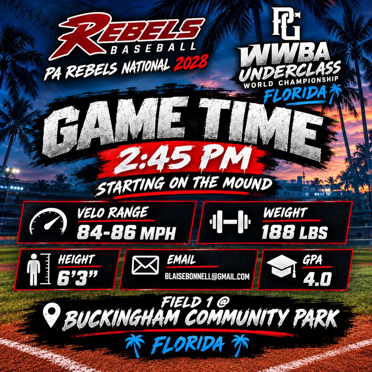 bbonnell_2028's tweet photo. Great start to the WWBA PG underclass tournament in Florida going 2/3 in our first game with 2 line drive singles and an RBI. With the changing of the schedule, i’m starting on the mound tomorrow at 2:45
@PARebelsRecruit 
@parebels 
@NextLVLProspect https://t.co/6wZaN0bpbS