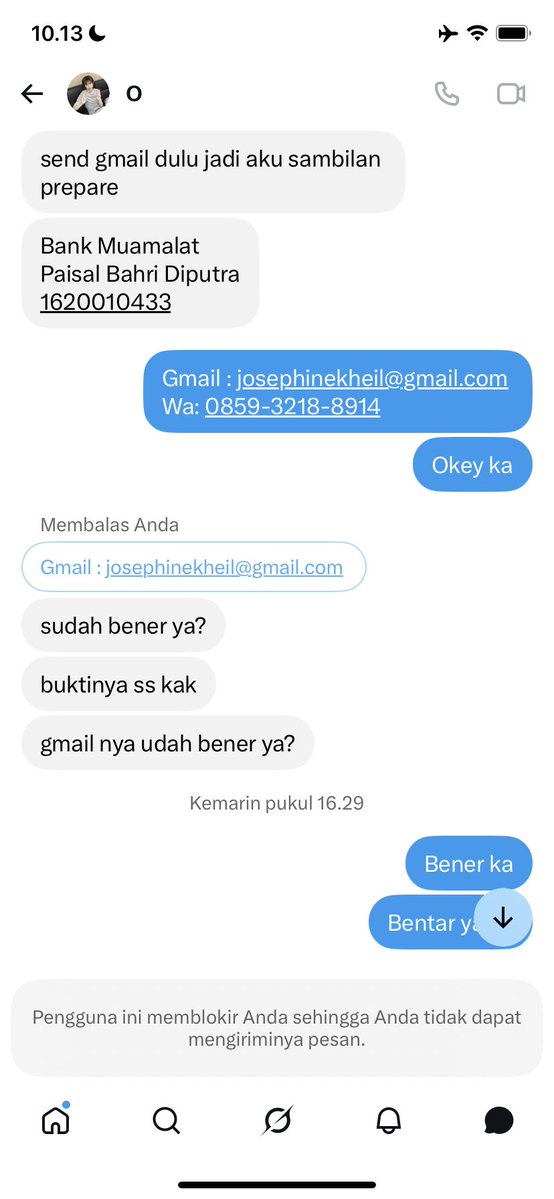SriHand78047204's tweet photo. HELP RT GAIS❗️❗️ SCAMMER LANY JAKARTAA❗️❗️❗️❗️

Gais aku baru ajaa kena scam tiket Lany, awal nya aku cari wts tiket terus ketemu lah sama diaa, awal aku chat terus aku tanya boleh dp apaa engga dia bilang boleh, akhirnya aku dp 400 terus ga lama dia bilang ada yang mau bayar ful https://t.co/nXzaDys5nd