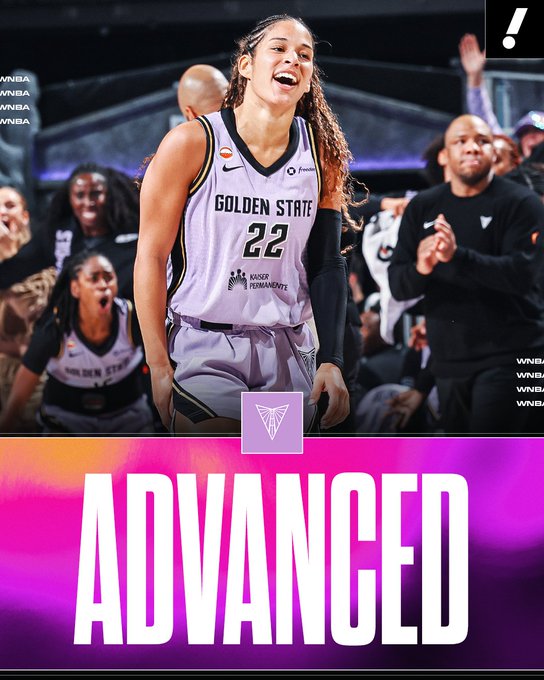 A Golden State Valkyries player wearing jersey #22 celebrates enthusiastically on the court with teammates cheering in the background, with the bold text "ADVANCED" displayed prominently beneath, announcing the team's historic first-ever advancement to the WNBA Semifinals following their thrilling 77-73 victory over Dallas.