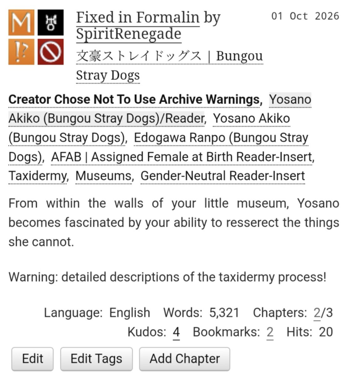 Elasmobones's tweet photo. Chapter 2 of the reader × Yosano Akiko (bungo stray dogs) fanfic is now posted 🐛 I would love if anyone would comment or leave kudos! #bsd https://t.co/8F6NQuvD6w
