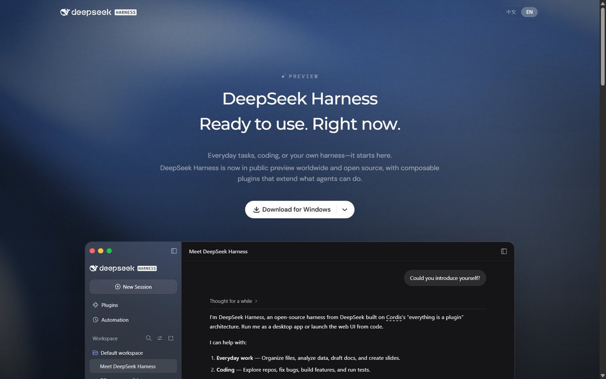 Secretof_forest's tweet photo. DeepSeek Harness is now in public preview and open source. It is an agent app built on Cordis's "everything is a plugin" architecture, shipping as packaged macOS and Windows desktop builds, with a web UI from code and an npm package for Linux. https://t.co/1yd3hBAcLJ https://t.co/mGnMAMpXLf