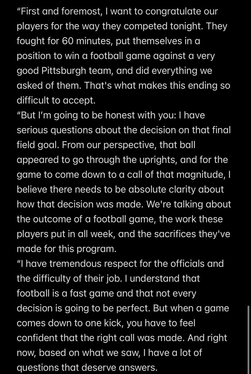 StanRobSports's tweet photo. BREAKING: Here is James Franklin’s full opening statement in his postgame press conference following Virginia Tech’s loss to Pitt.

Franklin was critical of the refs’ call on John Love’s missed field goal. https://t.co/BIY8iEw5ax