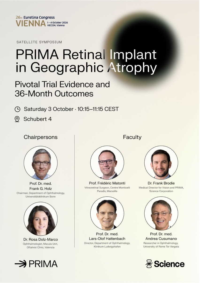 ScienceCorp_'s tweet photo. Today at @EURETINA 2026, the latest PRIMA clinical trial data will be presented during the Industry Symposium “PRIMA Retinal Implant in Geographic Atrophy: Pivotal Trial Evidence and 36-Month Outcomes.” https://t.co/VLuhfimYUR
