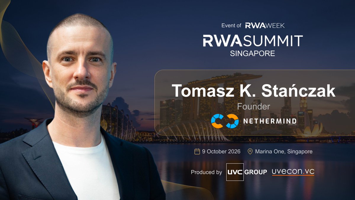 rwasummitglobal's tweet photo. Tomasz K. Stańczak, Founder at Nethermind, joins @rwasummitglobal SINGAPORE 🇸🇬

Tomasz leads @Nethermind , an Ethereum core development and infrastructure company and one of the protocol's leading execution client teams. Having previously served as Co-Executive Director of the Ethereum Foundation, he is currently focused on infrastructure execution - deploying data-center and energy infrastructure for AI to accelerate integrated AI factories.     

With extensive expertise spanning Ethereum core engineering, energy systems, and high-performance compute infrastructure, Tomasz bridges decentralized network development with real-world AI and data-center deployment.     

He will speak about scaling Ethereum core infrastructure, deploying real-world energy and compute systems for AI factories, and the convergence of decentralized networks with physical infrastructure.

• When: 9 October 2026 | 09:00 - 18:00 SGT 
• Where: Marina One, 5 Straits View (5-min walk from Marina Bay Sands)  

👉 Register now to hear insights from our speakers: https://t.co/lof4x0id9q 

✍️ @rwasummitglobal Strategic Partners: @LynxcapDeFi | @dydxfoundation | @investax | @IxsFinance | @TheoriqAI | https://t.co/mnDbgbxcDb |  @pharos_network

 🤝 @tokenisedglobal VIP Summit Co-host: @TRMLabs 

🙌  THE DEALFLOW Co-host: https://t.co/qCBFDaWRxH 

 •  Powered By: @UveconVC | @rwaweek series production  •