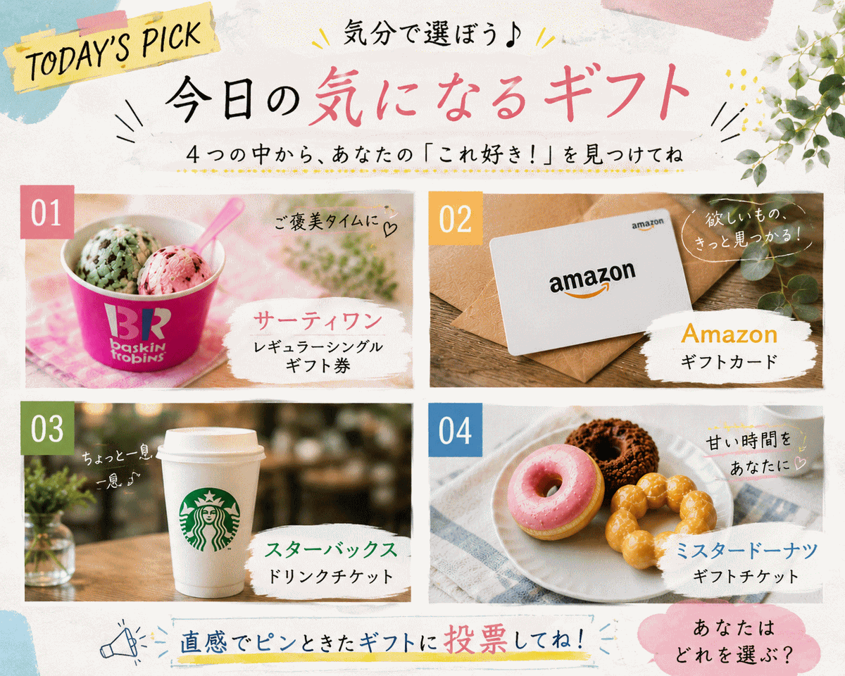 tametoku_point's tweet photo. この4つなら、どれが一番人気になると思う？🤔

① ミスタードーナツ
② Amazonギフトカード
③ サーティワン
④ スターバックス

欲しいギフトをリプで教えてください✨
締切は明日12:00です⏰
フォロー＋リポストで応募できます🎁 https://t.co/4pMIHCVvBP