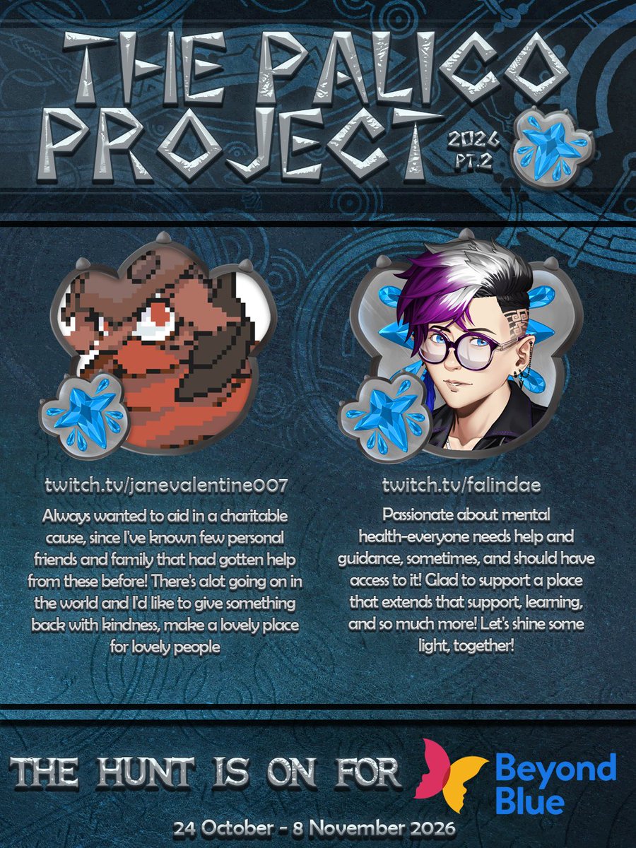 PalicoProject's tweet photo. The #PalicoProject also supports direct lines of access to mental health resources, such as those provided by @beyondblue 

Falindae (https://t.co/mpmNphpvVK) and JaneValentine007 (https://t.co/PanUeokqaQ) have both put their paws in for the cause! Will you join them? https://t.co/P0HbMugzAA