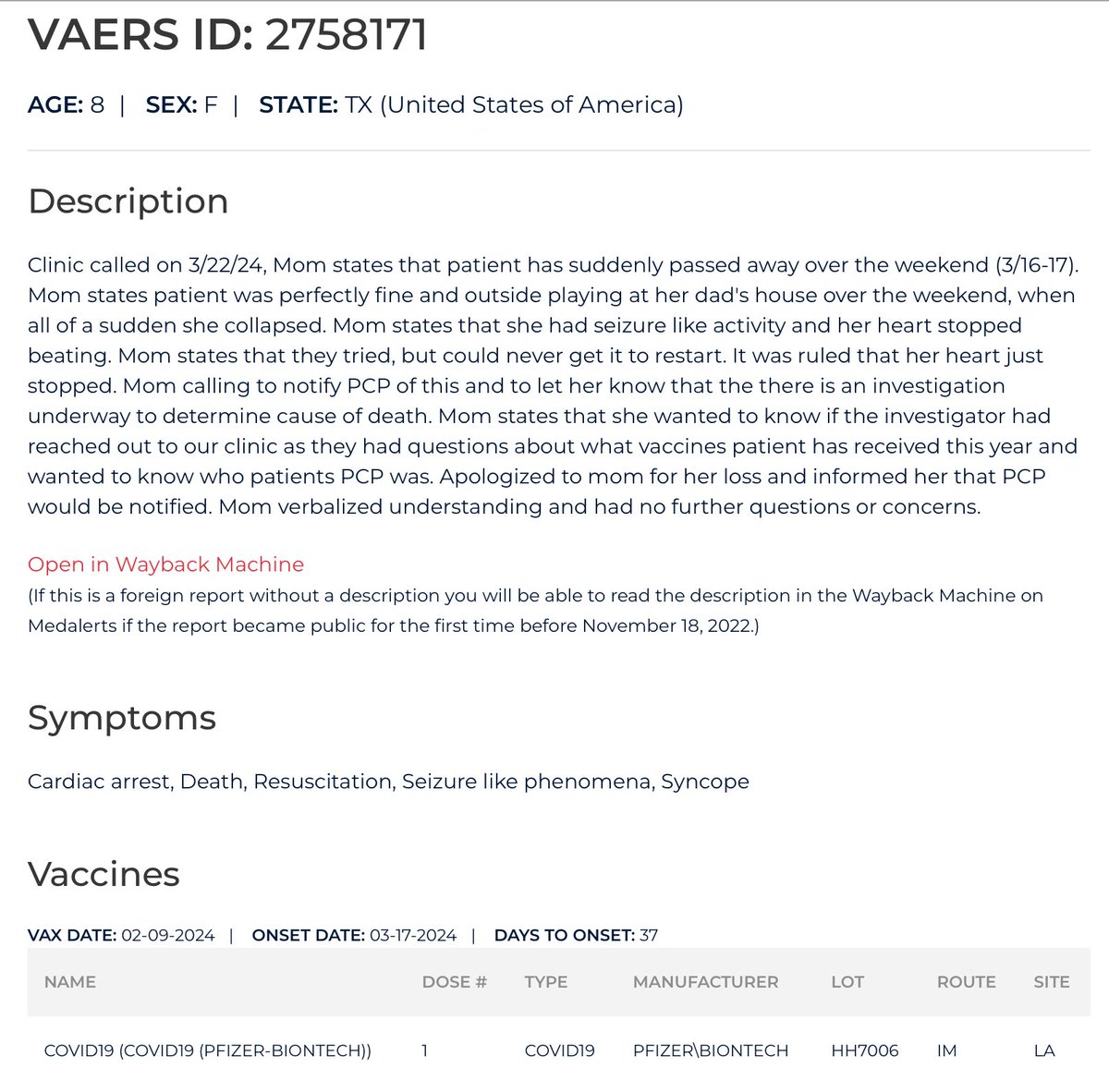 MaryBowdenMD's tweet photo. 8 year old female child went into sudden cardiac arrest and died 37 days after Pfizer shot.
@OpenVAERS https://t.co/eMHM8kv3v4