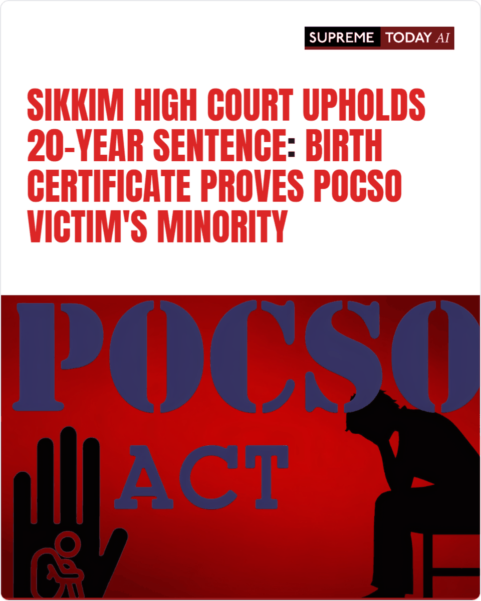 SupremeTodayAI's tweet photo. Sikkim High Court Upholds 20-Year Sentence: Birth Certificate Proves POCSO Victim's Minority
https://t.co/UEQ1wnTLch
#POCSOAct #ProofOfMinority https://t.co/igtieG3mai