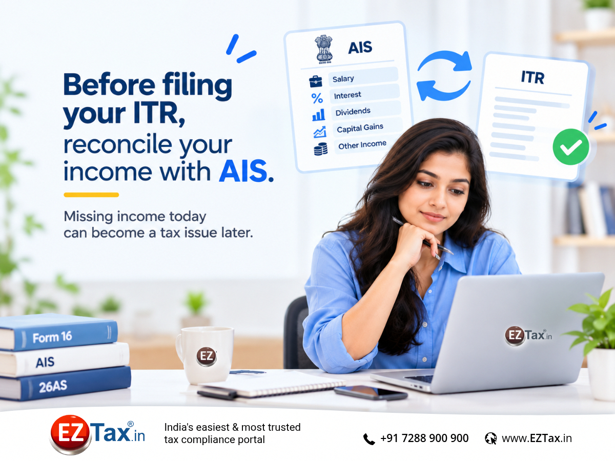 EZTaxIndia's tweet photo. ✅ AIS can contain info on salary, interest, dividends, capital gains &amp; other reported to the Income Tax Department.

When filing your taxes with EZTax portal, AIS reconciliation is part of every self-service.
👉 https://t.co/v6PibwrYxX

#AIS #ITR #IncomeTax #TaxTips #EZTax https://t.co/pvcWMPrsTN