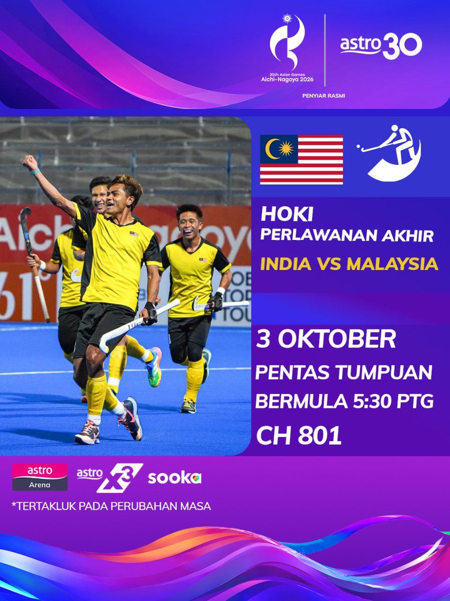 ASTROARENA's tweet photo. Dua aksi final, dua peluang memburu pingat emas buat kontinjen negara! 🇲🇾🥇

Skuad hoki lelaki bakal berentap menentang India dalam aksi final, manakala beregu padel negara turut turun memburu pingat emas menentang gandingan Qatar.

#AsianGames2026 https://t.co/P5mCRjdIMv