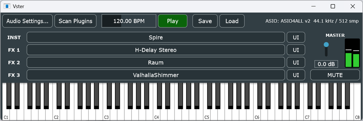 aike1000's tweet photo. VST3プラグインをスタンドアロンアプリのように起動して演奏できるアプリ作った。MIDI鍵盤、ASIO対応。VSTInstを1個 + VSTFxを3個読み込み。DAWのBPMやPlay状態によって挙動を変えるプラグイン用にBPMとPlayボタンも付けた。自動スキャンしないので起動も早い。
https://t.co/7Nyab9Uv9U https://t.co/qiDlapWuJi
