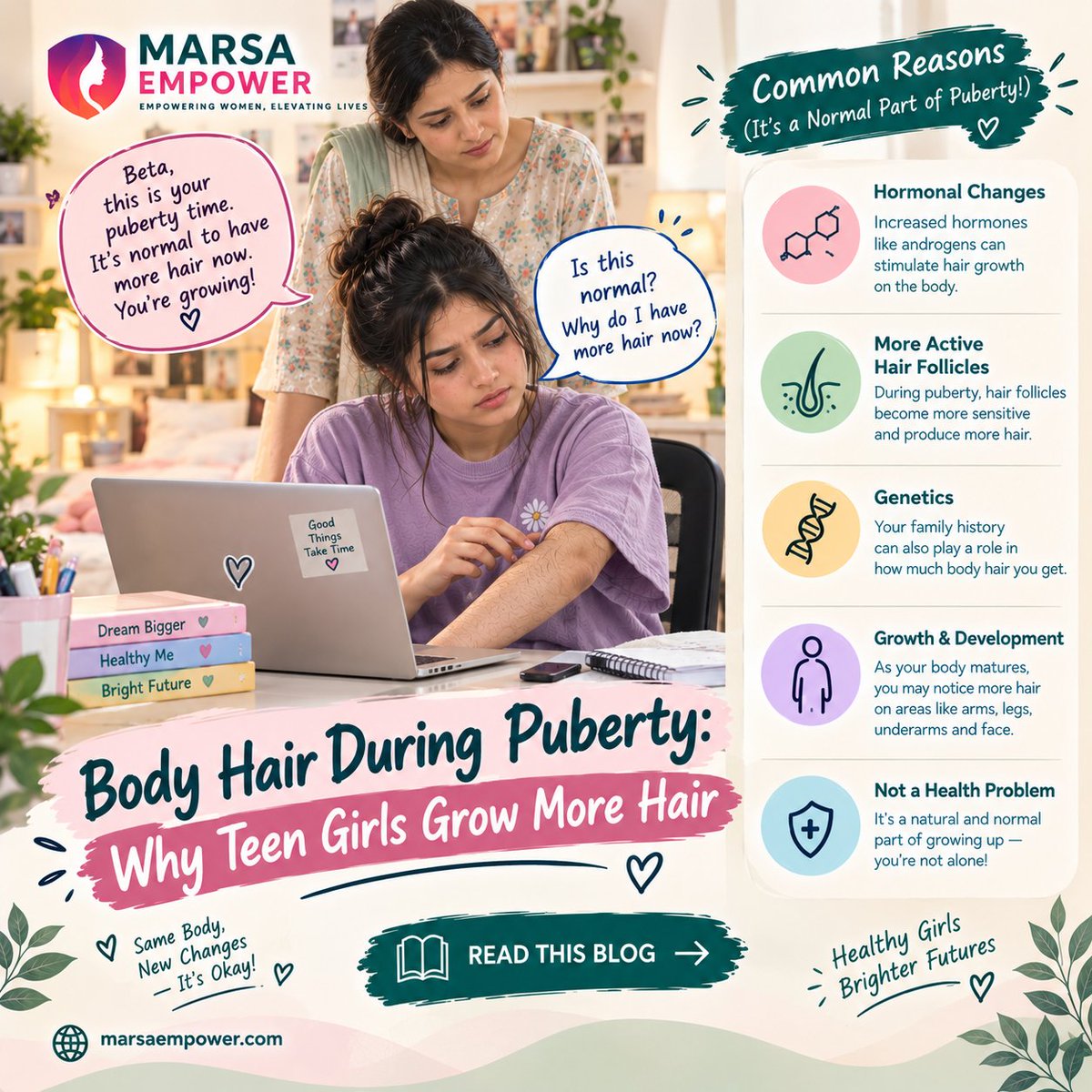 marsaempower's tweet photo. Body Hair During Puberty: Why Teen Girls Grow More Hair

Clear, honest answers about body hair during puberty: what's normal, why it happens, and when to ask a doctor. 🌱

Read Full Blog 👇
 https://t.co/lNcEcNu0S5

#MarsaEmpower #TeenHealth #Puberty https://t.co/vOa3ydtiFl