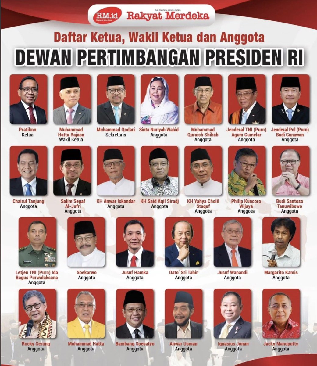 PreciosaKanti's tweet photo. Untuk membantu 1 orang Presiden bernama Prabowo Subianto, dibutuhkan +/- 106 orang Menteri & WaMen plus 26 orang Dewan Pertimbangan Presiden, belum termasuk Badan, Lembaga dan lainnya. 

Bicara hasil kerja? 
Negara berjalan secara autopilot! 
Amburadul. 
Kemiskinan meningkat.
Korupsi semakin membudaya.
Pencurian kekayaan alam meningkat. 
Hutang negara meningkat
Penghamburan APBN tanpa focus pada kebutuhan essential.  
.... and so on, you name it! 

Pemerintahan sarat gimmick! 
Seperti mengasuh bocah!