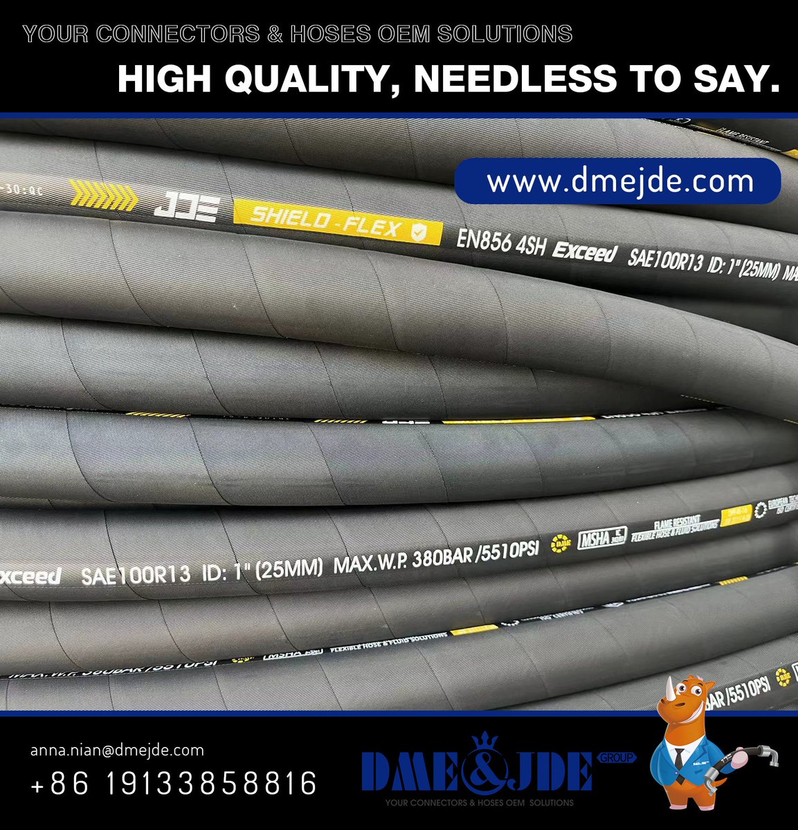 DFulid's tweet photo. 🔥 SHIELD-FLEX High Pressure Hydraulic Hose
EN856 4SH | SAE100R13 | MSHA Flame Resistant
Max WP:380BAR / 5510PSI
Built tough for mining &amp; heavy machinery.
DME&amp;JDE – Your reliable OEM supplier for hoses &amp; connectors.
📩 anna.nian@dmejde.com
#hydraulichoses #heavyequipment https://t.co/qoG5NR463Q