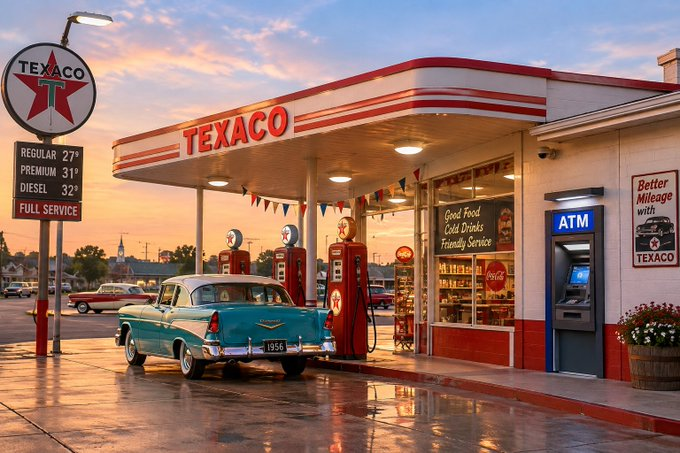 Charlotte014468's tweet photo. This is a picture of a petrol station from 1950.  

Can you spot the one thing in this picture that didn’t exist in 1950? https://t.co/F5NG6unsoa