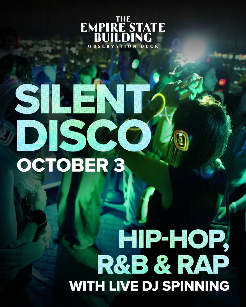 EmpireStateBldg's tweet photo. This Saturday - Silent Disco is BACK! 

Check out our upcoming dates and dance the night away 1,050 feet above NYC.

🎧10/3: Hip-Hop/R&amp;B/Rap
🎧10/17: EDM

🎟️ Reserve your spot: https://t.co/ltr7DL6ZdX https://t.co/IHpHMZ5rsk