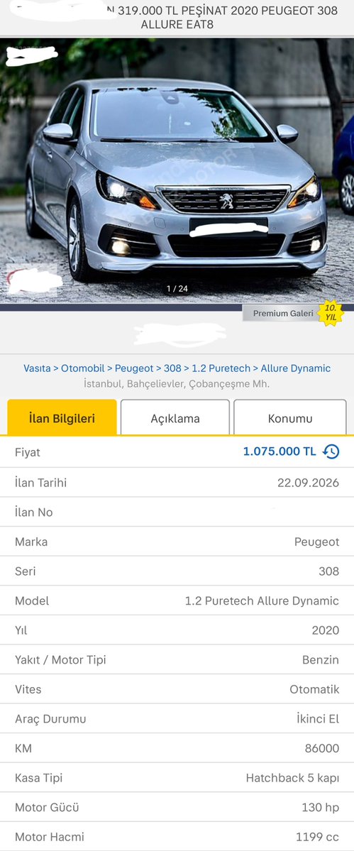 ilanavcisii's tweet photo. Peugeot 308 1.2 puretech motor. 

2020 model
86.000 km de
Motor kaputu lokal
Sol yan boyalı 
Değişensiz
8 ileri EAT8 otomatik şanzıman

Bu fiyata böyle bir araba sizce nasıl ? Ne gibi problemler ile karşılaşabiliriz? https://t.co/8ej57AfUns