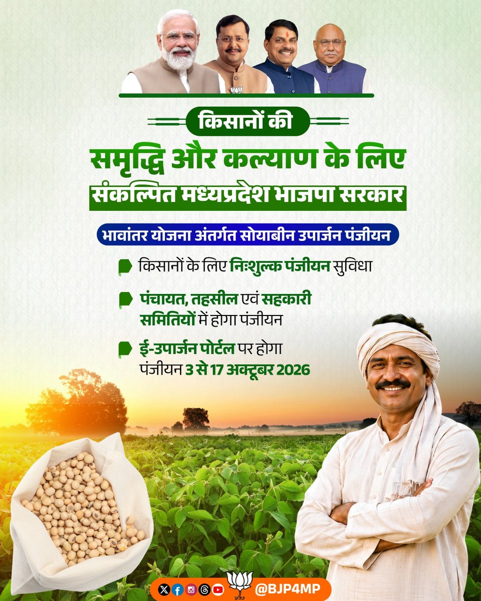 BJP4MP's tweet photo. भाजपा सरकार का संकल्प किसानों की मेहनत को मिले सही मूल्य और उनकी आर्थिक स्थिति हो मजबूत।

भावांतर योजना के तहत सोयाबीन उपार्जन के लिए किसानों को निःशुल्क पंजीयन प्रारंभ हो रहे हैं। किसान 3 से 17 अक्टूबर 2026 तक अपना पंजीयन करा सकते हैं। https://t.co/mpjwsmNc9B