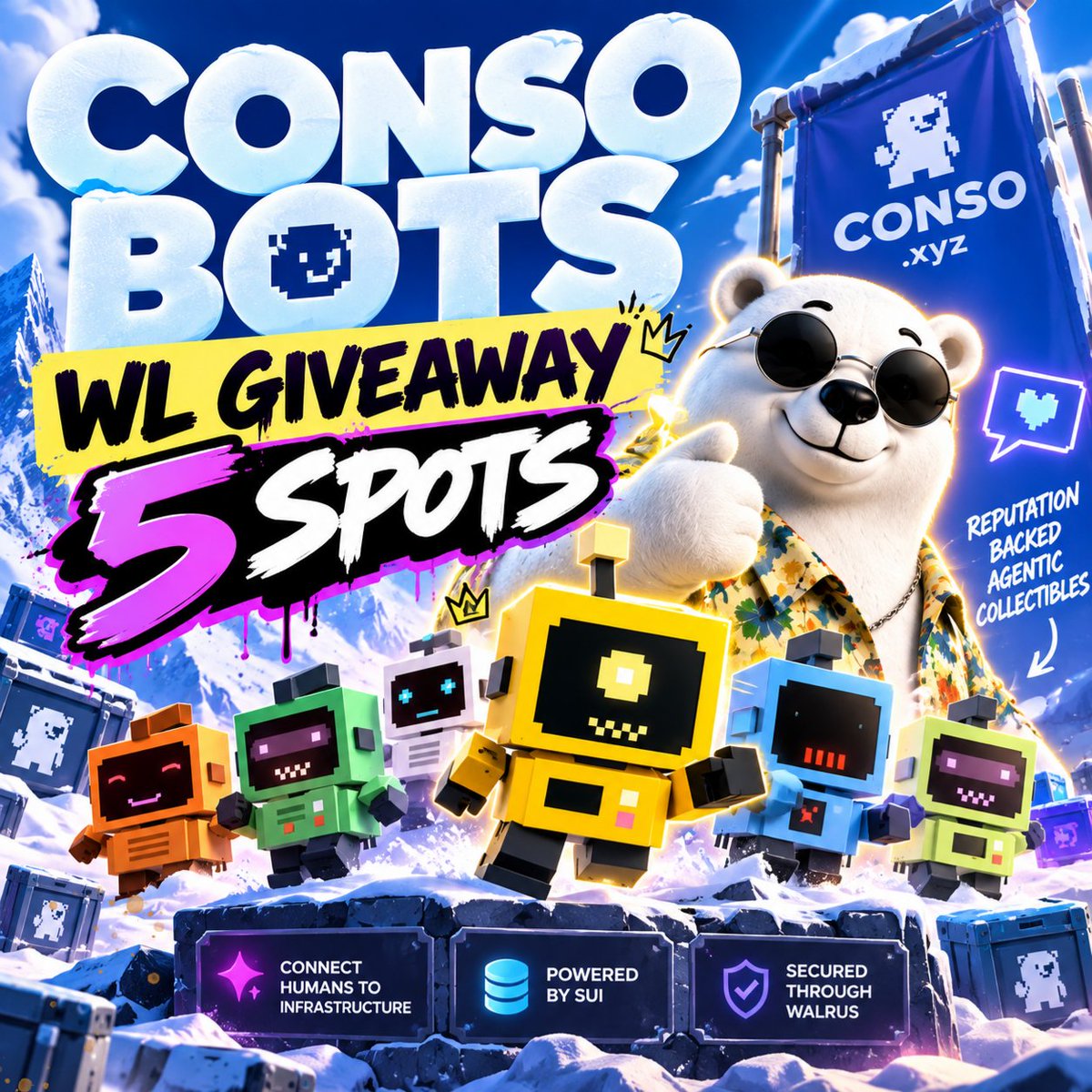 teletubies29's tweet photo. 5 WL Ga SPOTS - CONSO BOTS Mint wl IS LIVE 🎁

In collab with @conso_xyz, I'm giving away 5 WL spots!

⚡ Follow @conso_xyz & me
⚡ Like + RT this post
⚡ Drop your Sui address & tag 1 friend

5 winners will be selected. Don't sleep on this! 

Reputation-Backed Agentic Collectibles powering conso the Next-Gen Consumer Reputation Layer 🐻‍❄️