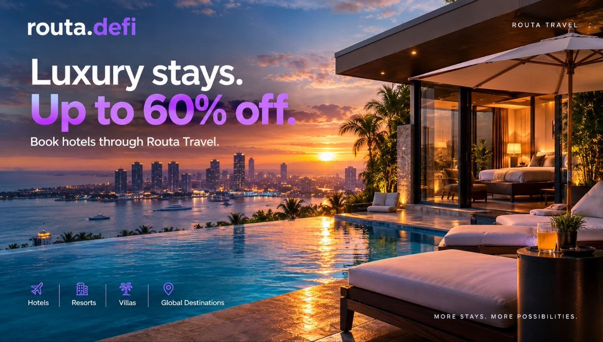 Routa_DeFi's tweet photo. Luxury should be easier to access. ✈️

Book hotels, resorts and villas around the world through RoutaDeFi and unlock exclusive travel deals.

Up to 60% off selected stays.

More destinations. More possibilities. Travel, pay &amp; earn.

#RoutaDeFi #RoutaTravel #DeFi https://t.co/nYMQkZYAuo
