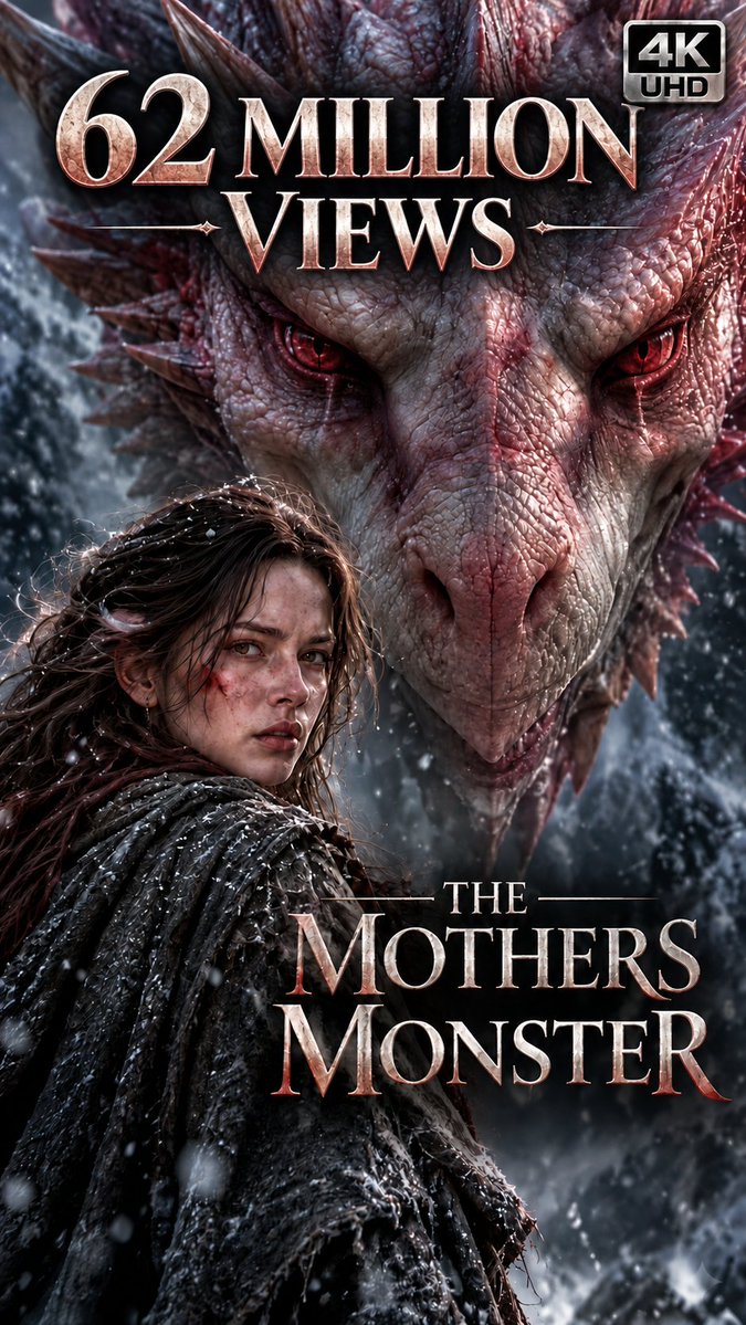 A movie poster or YouTube thumbnail titled 'THE MOTHERS MONSTER' features a woman looking back over her shoulder while a large reptilian creature looms behind her, with '62 MILLION VIEWS' and '4K UHD' text overlays.