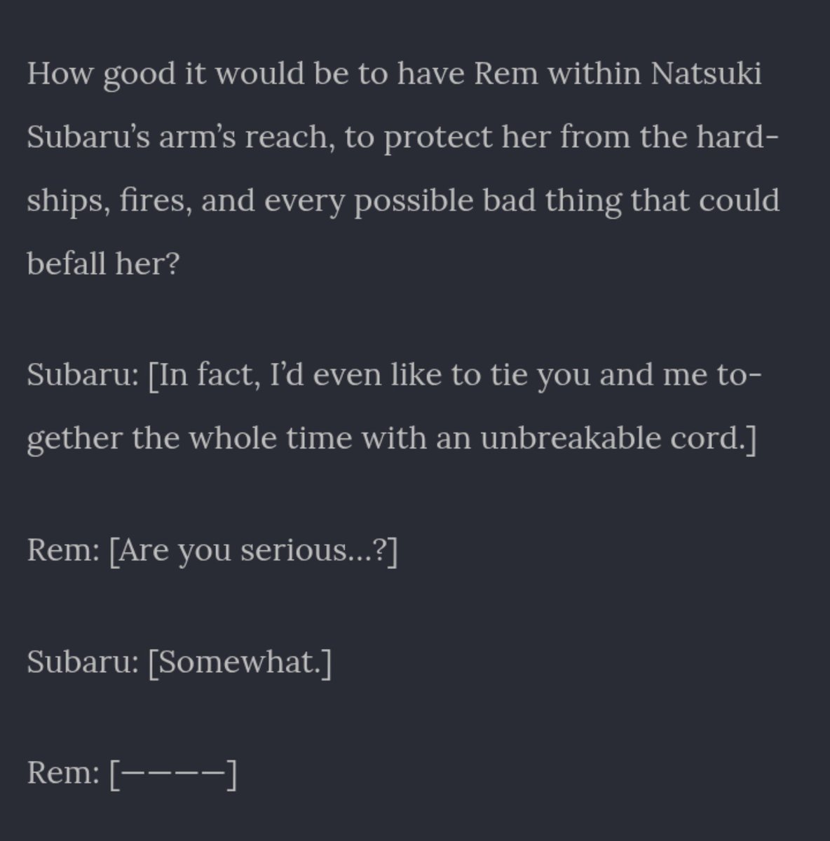 Datanomadsvf's tweet photo. @EnigmaMcu @Mutearazu @zxercyu @ArchbishopOfRBD I don't know what you're talking about. Arc 7 shows clearly how down bad Subaru is for Rem. 

All of those captures are from the same chapter 😭😭😭 https://t.co/BiZ4rphvYI