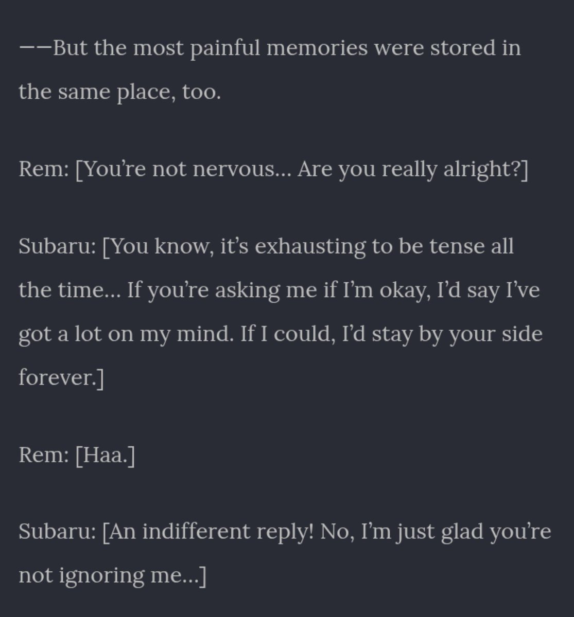 Datanomadsvf's tweet photo. @EnigmaMcu @Mutearazu @zxercyu @ArchbishopOfRBD I don't know what you're talking about. Arc 7 shows clearly how down bad Subaru is for Rem. 

All of those captures are from the same chapter 😭😭😭 https://t.co/BiZ4rphvYI