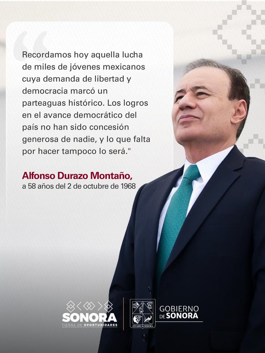 AlfonsoDurazo's tweet photo. La democracia que hoy tenemos es fruto de la lucha de generaciones que alzaron la voz por un México más libre y justo.

Honramos su memoria con el compromiso de escuchar, respetar las libertades y mantener abiertas las puertas a la participación de todas y todos.

Nuestra responsabilidad es seguir avanzando junto al pueblo.