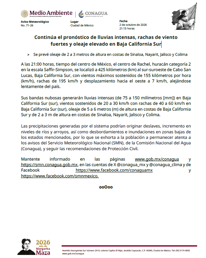 conagua_mx's tweet photo. #AvisoMeteorológico

El @GobiernoMX informa que continúa el pronóstico de lluvias intensas, rachas de viento fuertes y oleaje elevado en #BajaCaliforniaSur.
 
Se prevé oleaje de 2 a 3 metros de altura en costas de #Sinaloa, #Nayarit, #Jalisco y #Colima.

Más información: https://t.co/YPVxN5mVAm