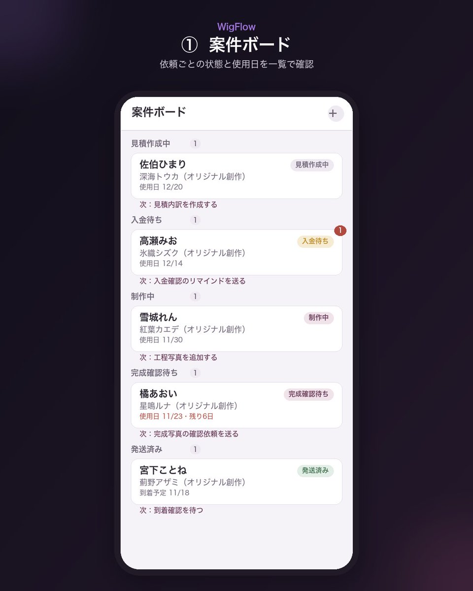 SenriLabsdb's tweet photo. コスプレウィッグを直接受注している制作者さんへ。

DM・資料・見積・制作状況・完成確認・発送を、案件ごとにまとめて管理するツールを開発しています。

依頼者には、進捗・完成写真・発送情報だけを共有できる想定です。

実案件3件まで無料で試してくださる
初期パートナーを少人数募集中です。 https://t.co/KLANC8DrBf