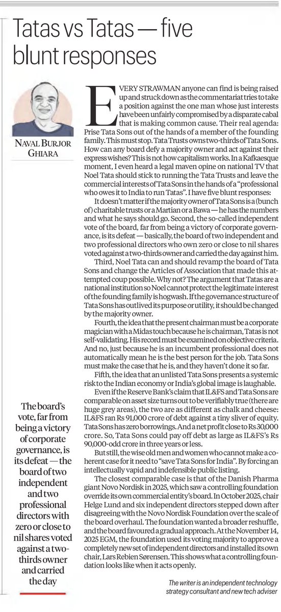 chatterjeedev01's tweet photo. Good read in today's IE on the Tata mess created by the rebels. https://t.co/46fWGJS21c