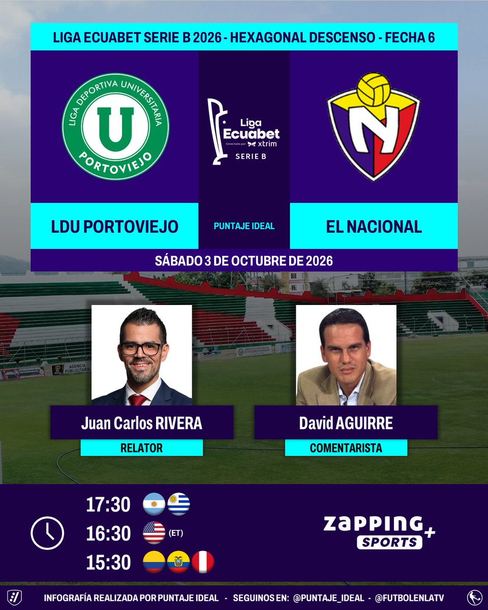 PuntajeIdealEC's tweet photo. ⚽ #LigaEcuabet #SerieB 🇪🇨 | #LDUP vs. #ElNacional
🎙 Relator: @RiveraJuanca 
🎙 Comentarista: @davidaguirre1 
💻📱 #ZappingSports + 🇪🇨 (Canal 16)
💻📱 #Youtube de @LigaEcuabetec
🤳 #ZappingPremium
Dale RT 🔃 https://t.co/hh2Y9FYvUk