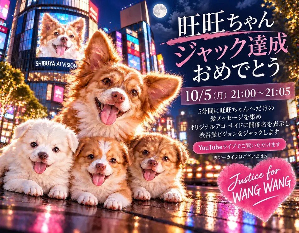 KyLdh0927's tweet photo. #ツイデモ敢行中

旺旺ちゃん、渋谷愛ビジョンジャック達成
おめでとう〜！😭👏✨
​10/5（月）21:00からの5分間、愛メッセージとオリジナルデコで旺旺ちゃん一色に染まります！🐶💖
​現地に行けない方もYouTube生配信で見られます！📺✨
（アーカイブはないのでリアタイ必須です）

​10/5・ 21:00はみんなで画面前に集合〜！！✨

​#旺旺ちゃん 
#渋谷愛ビジョン
#justiceforwangwang