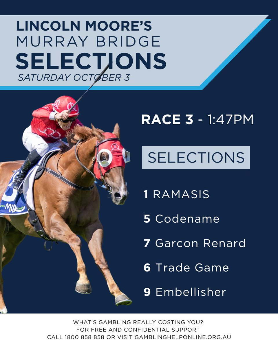 RacingSA's tweet photo. The countdown is on for race 3 here at Murray Bridge on Gold Cup Day!

Check out Linc’s selections for the Fore Design Flex Planning Handicap!

Full Preview👉https://t.co/Azxg86HTTu https://t.co/ypKe6zhqLo