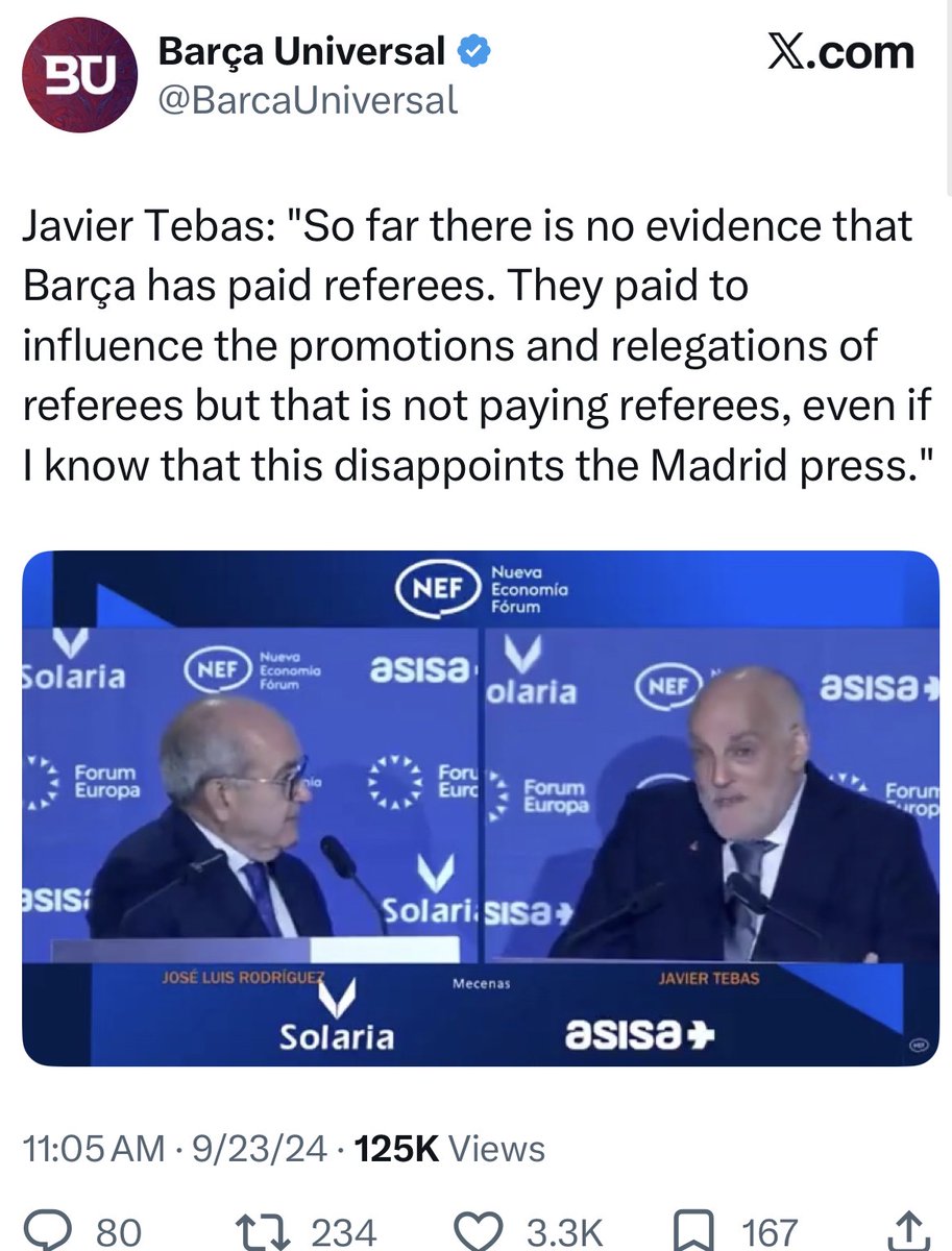 Senyyo's tweet photo. La Liga president Tebas says Barcelona only paid Negreira to influence promotion and demotion of referees, so it’s not 'referee buying' since the referees weren't paid directly 😂

Why is he always defending Barcelona? How much did they pay you? @Tebasjavier 🤡 https://t.co/XrI0dle4dy