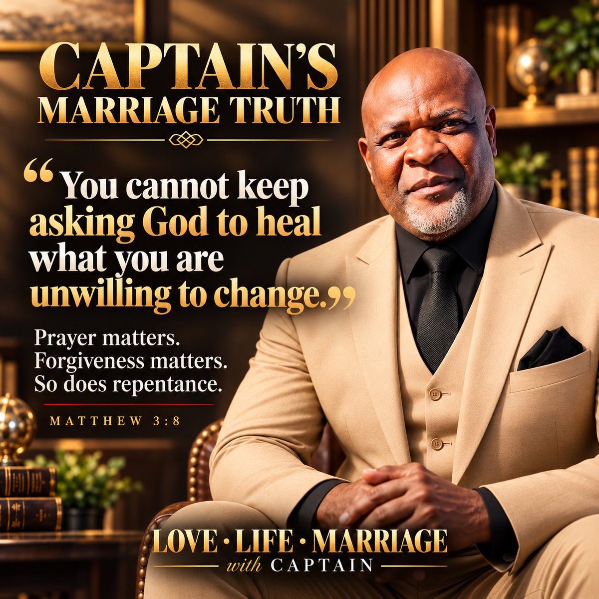 LoveLifeCaptain's tweet photo. CAPTAIN’S MARRIAGE TRUTH ❤️

You cannot keep asking God to heal what you are unwilling to change.

Prayer matters.
Forgiveness matters.
But so does repentance.

A sincere apology acknowledges the hurt.
True repentance changes the behaviour.

📖 “Bear fruit in keeping with repentance.” Matthew 3:8

Marriage restoration requires more than words. It requires evidence of change.

What does genuine repentance look like to you in a marriage?

#LoveLifeMarriage #MarriageTruth #GodsWay