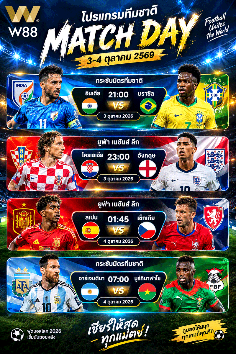 W88Ball's tweet photo. ⚽️ โปรแกรมทีมชาติคืนนี้ ยาวถึงเช้าวันที่ 4 ต.ค.! 🌍🏆

🇮🇳 อินเดีย 🆚 บราซิล 🇧🇷 21:00
🇭🇷 โครเอเชีย 🆚 อังกฤษ 🏴 23:00
🇪🇸 สเปน 🆚 เช็ก 🇨🇿 01:45
🇦🇷 อาร์เจนตินา 🆚 บูร์กินาฟาโซ 🇧🇫 07:00

📍 ทางเข้าเชียร์บอล👉 https://t.co/tWjinMaiuf😊💰

#ดูบอล #ฟุตบอล #โปรแกรมบอล #ทีมชาติ #บอลคืนนี้ https://t.co/8omtZZ18EO