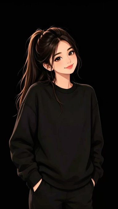 A cheerful anime-style girl with long dark hair in a ponytail and a black sweater smiles warmly against a black background, her bright expression capturing a sweet, welcoming mood that pairs perfectly with a "Good morning" greeting.