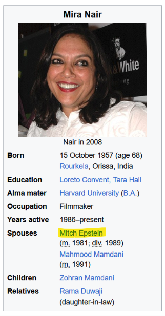 TaroWheel's tweet photo. Zohran Mamdani's mother was married to a man named "Mitch Epstein". https://t.co/hB3nb4nXBu