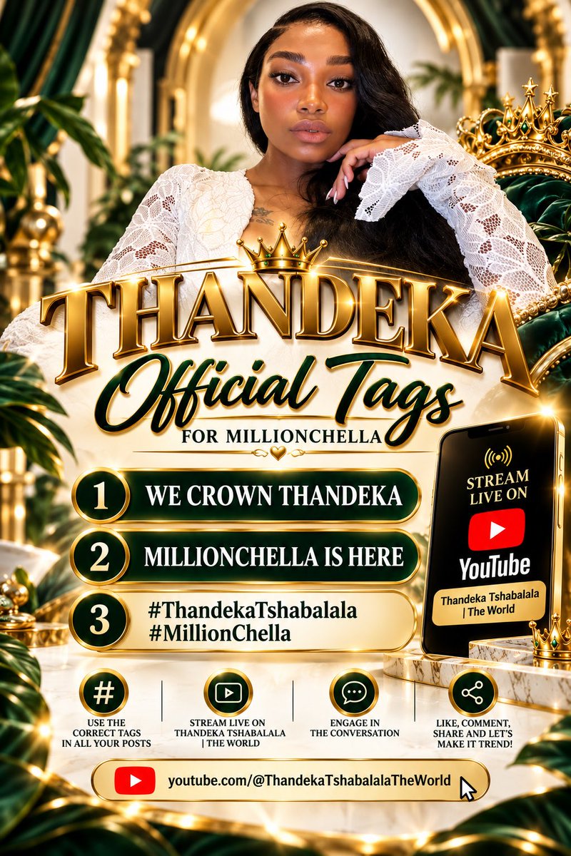 ThandekaTag's tweet photo. ‼️NEW TAGS ALERT‼️

The wait is over, and today we celebrate in grand style. It’s time to show up, show out, and give honor where it’s due! 👑

Make sure to tag every post, video, and moment today using the official hashtags:

WE CROWN THANDEKA 
MILLIONCHELLA IS HERE
#ThandekaTshabalala
#MillionChella