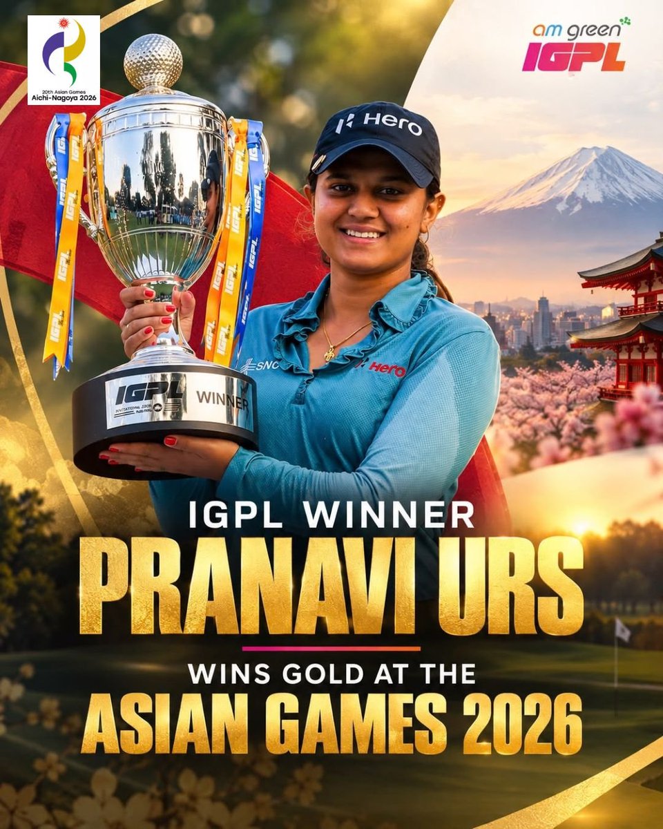 Officialigpl's tweet photo. A proud moment for IGPL. A proud moment for India. 🇮🇳🏆

Pranavi Urs, the AM GREEN IGPL Mumbai 2025 champion, has gone all the way to the 🔝, claiming gold in the Women’s Individual Stroke Play at the Asian Games 2026. 🥇

From an IGPL champion to an Asian Games champion 🇮🇳 https://t.co/qDm2y9H09s