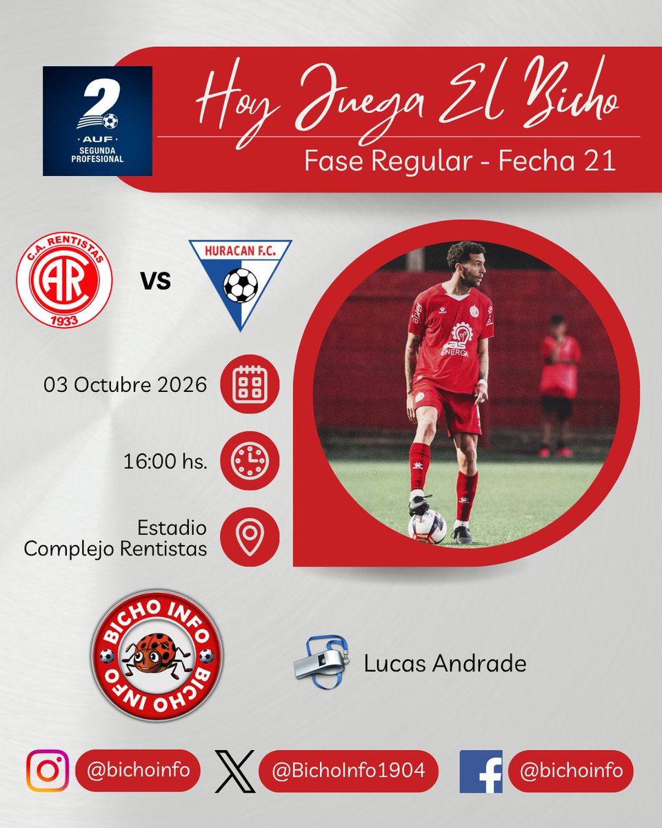 BichoInfo1904's tweet photo. ⚽️ ¡HOY JUEGA EL BICHO! 🐞
🇺🇾 | #Rentistas vs #HuracánFC #FaseRegular #Fecha21 #SegundaProfesional #VamosBicho 🐞💪🏻
Vía @diegogabrielfb https://t.co/4MEgoCo6jL