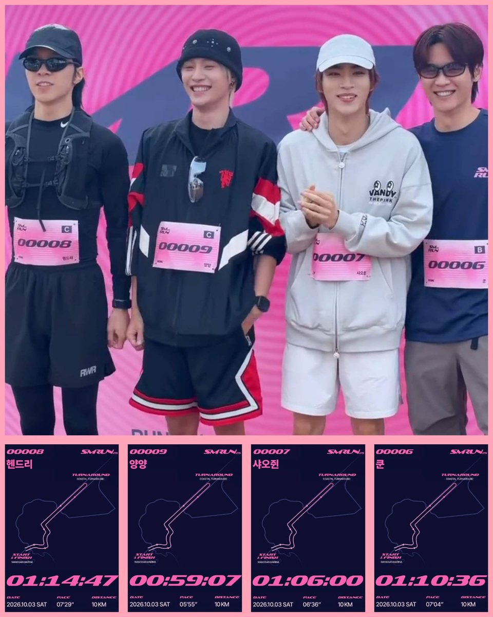 WayV_Airlines's tweet photo. #WayVatSMRUN26 10KM Running Record 

KUN: 07'04" pace | 01:10:36 
XIAOJUN: 06'36" pace | 01:06:00 
HENDERY: 07'29" pace | 01:14:47 
YANGYANG: 05'55" pace | 00:59:07

So proud of WayV for finishing safely and slaying this run! Congratulations! 

cr pic. fastpaper, miang_xiao10

#SMTOWNRUNCLUB26